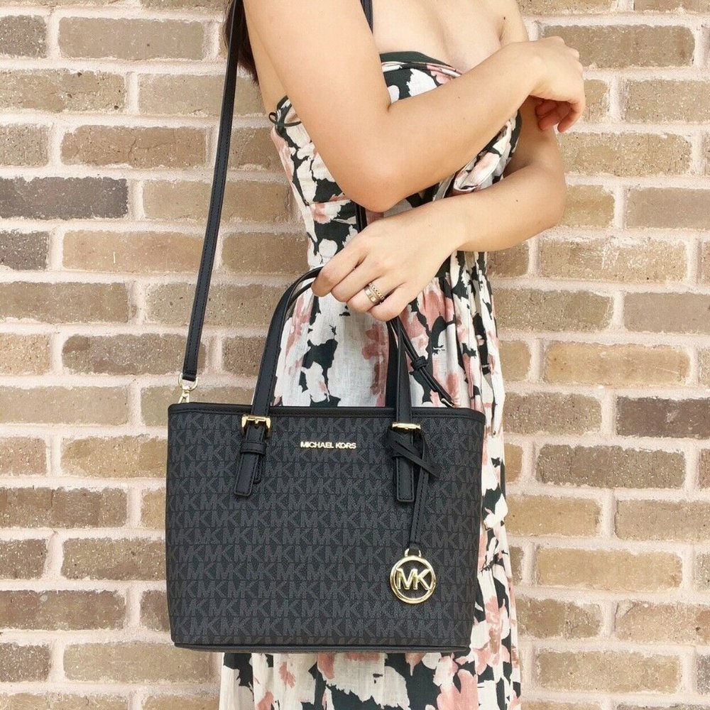Michael Kors Jet Set XS Carryall Tote Brown MK Logo Signature + Black Wallet - Picture 6 of 10